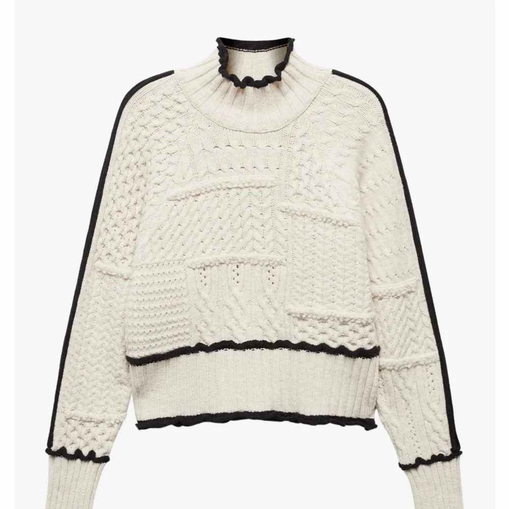 Mango Cream and Black Cable Knit Turtleneck Sweater - Picture 2 of 2